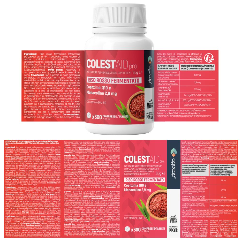 Colestaid PRO, Integratore Alimentare per il Controllo del Colesterolo, con Riso Rosso Fermentato, 300 compresse